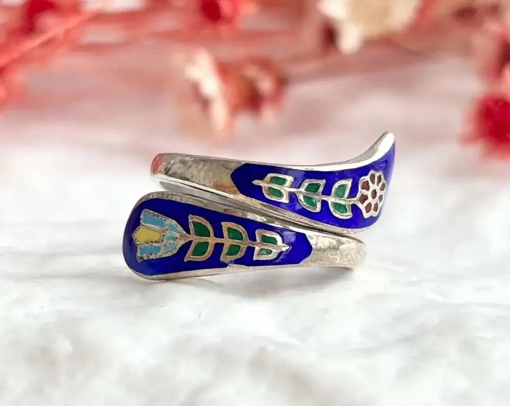 Cloissone Enameled Floral Thailand Made Wrap Around Sterling Silver 925 Vintage